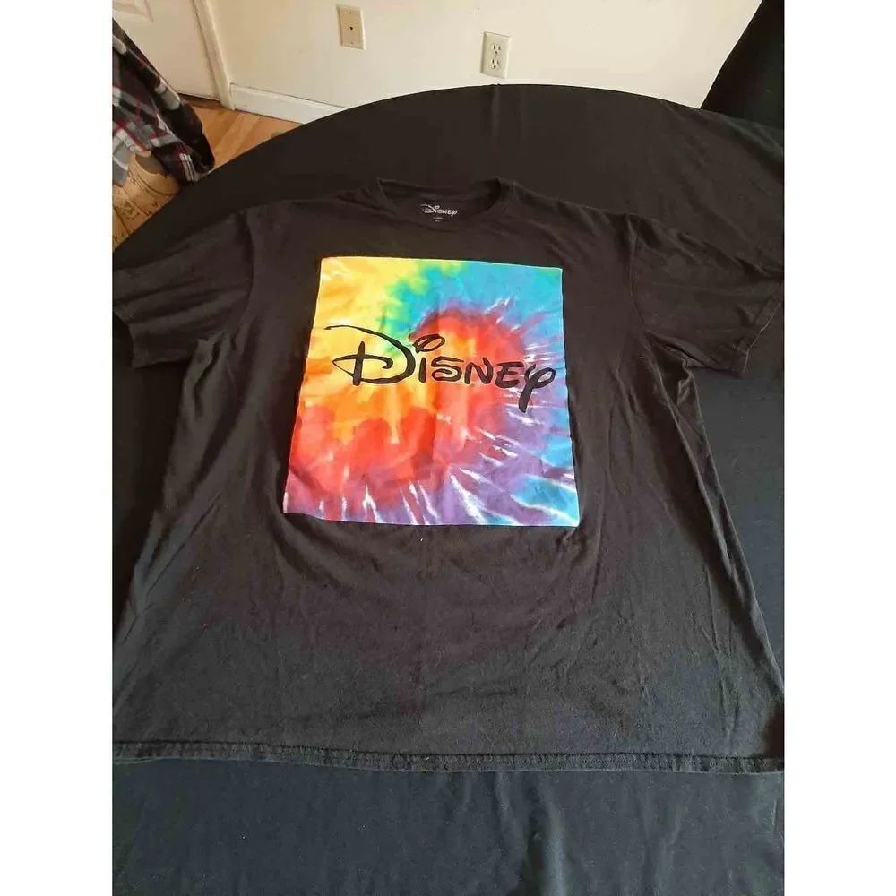 XL Disney Rainbow Tie Dye Black Tee TShirt Top Crew Neck Cotton Short Sl…